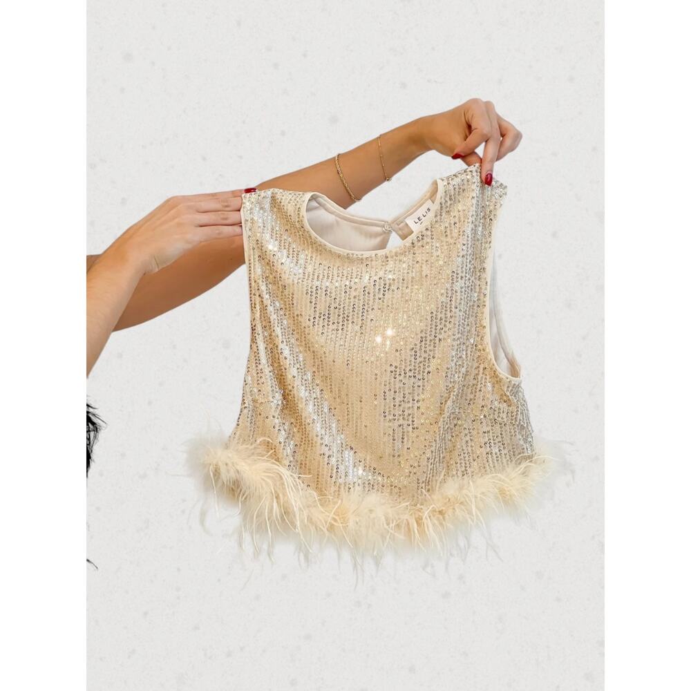 Le Lis Natalia Feather Trim Sequin Top NWT Small Glam Party Tank - Picture 5 of 14